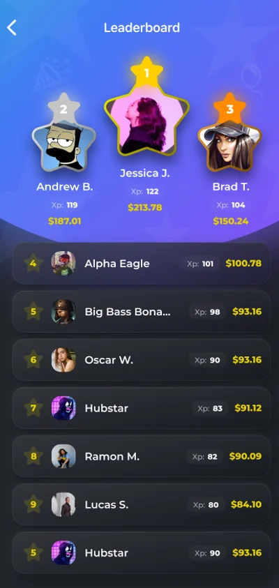 Leaderboard screen showing player rankings and scores