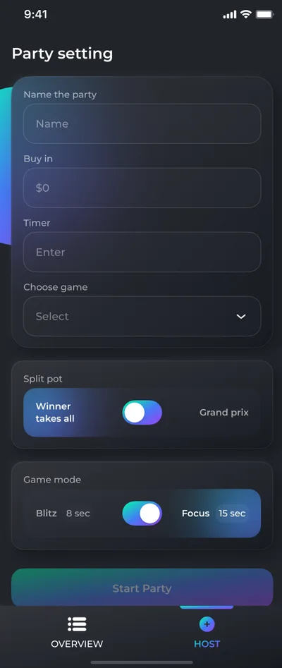 Create party screen showing party creation interface